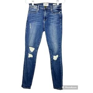 Frame Style 'Le High Skinny" Distressed Skinny Hi Rise Blue Jeans Denim Size 25
